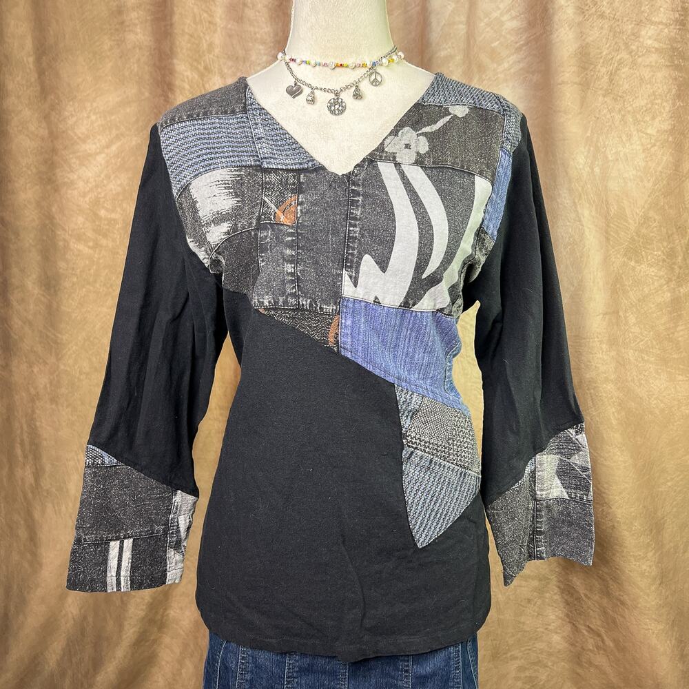 Vintage Boho Grunge Patchwork Top 90s Animal Print Shirt Black Blue Denim V Neck